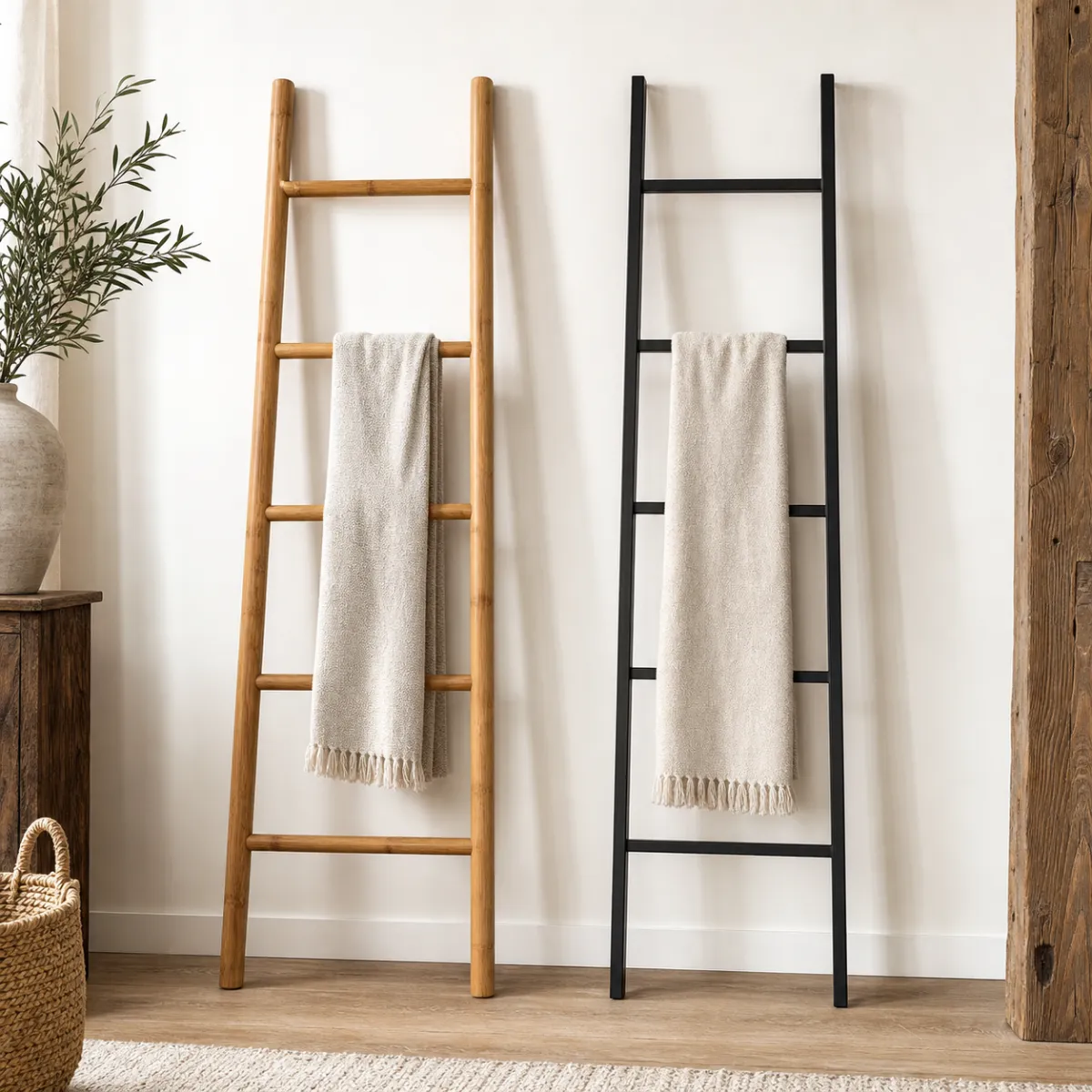 Bamboo blanket ladder and black steel metal blanket ladder side by side