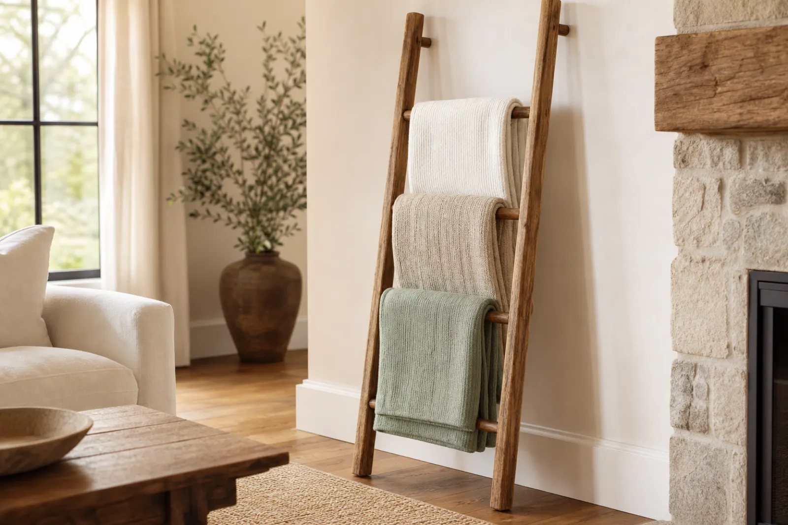 Wooden blanket ladder leaning against a living room wall with folded throws
