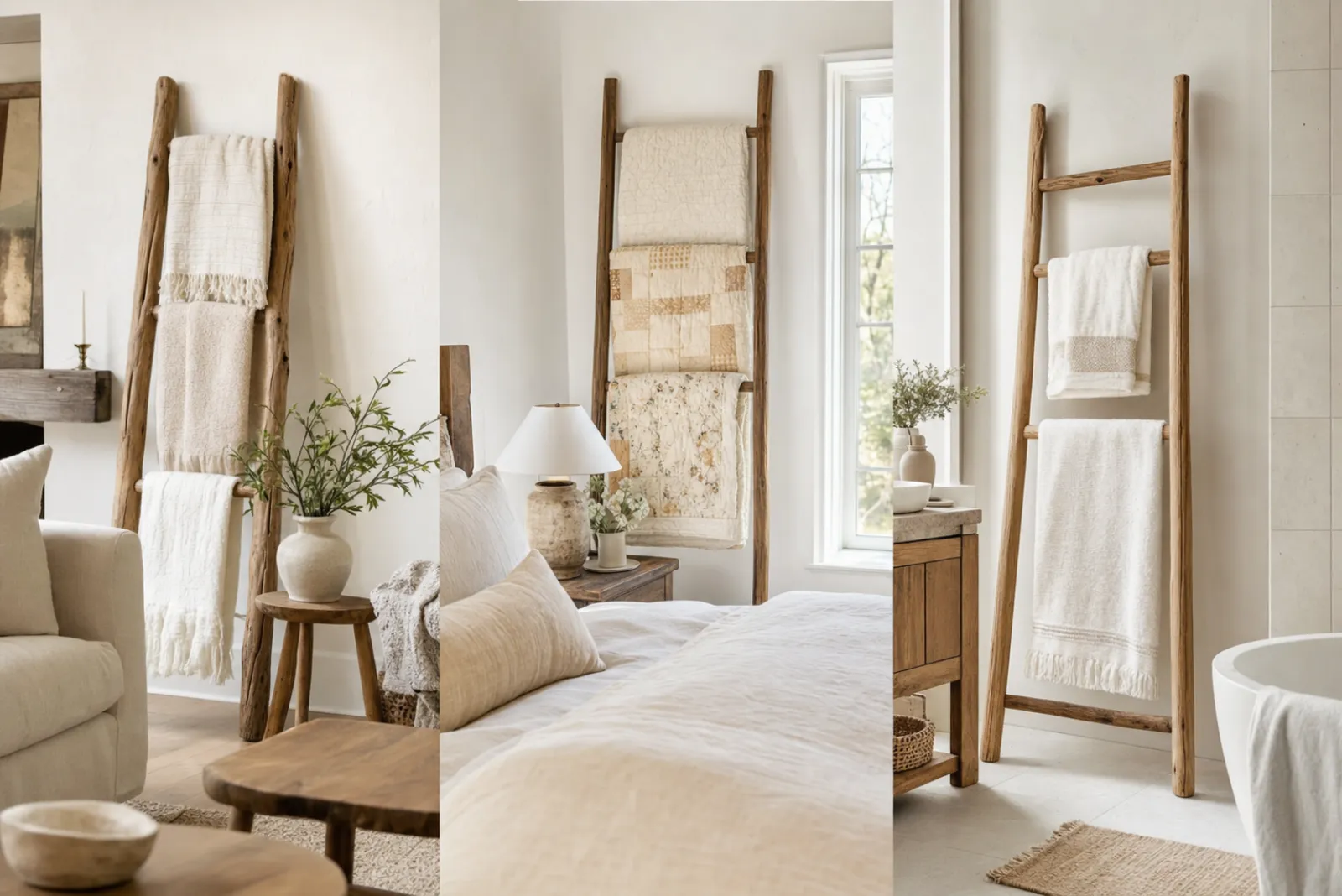 Blanket ladder placement in living room, bedroom, and bathroom as a towel ladder