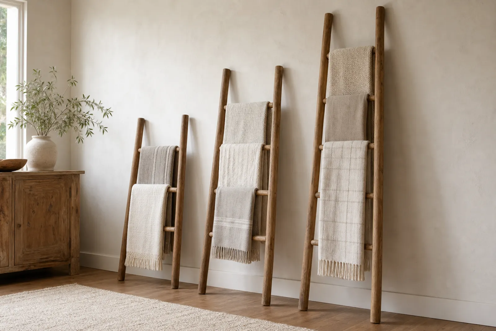 Size comparison of 4ft, 5ft, and 6ft blanket ladders with tier counts