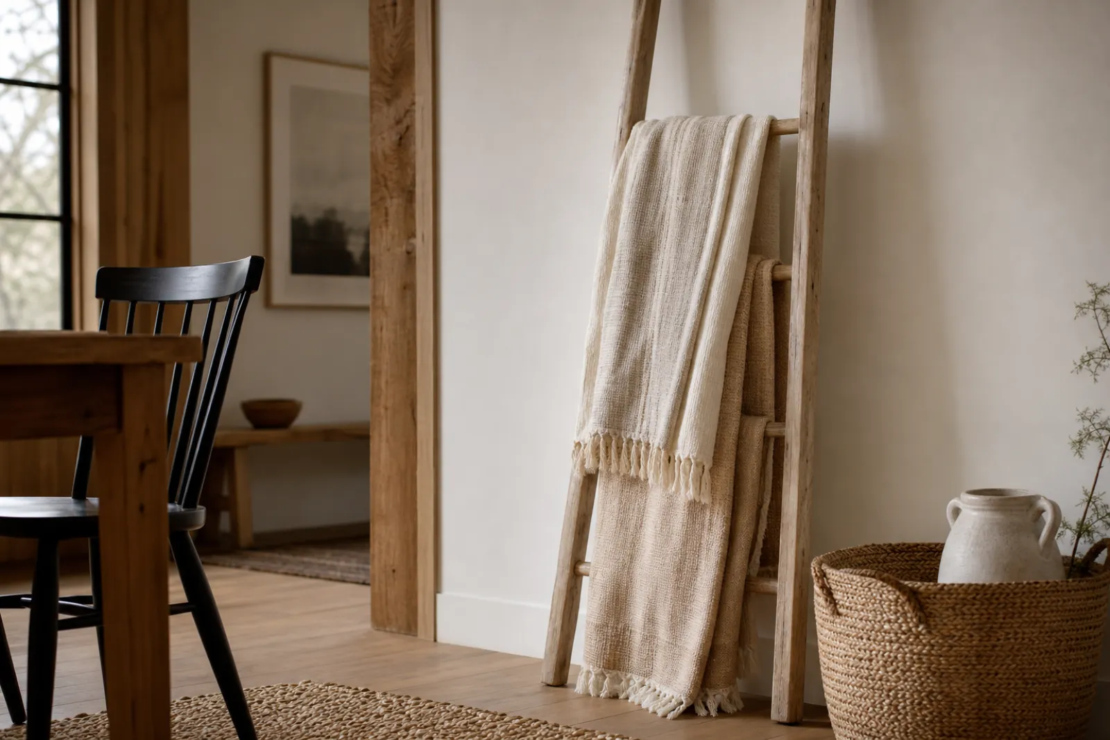 Modern 2026 interior with a decorative display ladder shelf as a statement piece