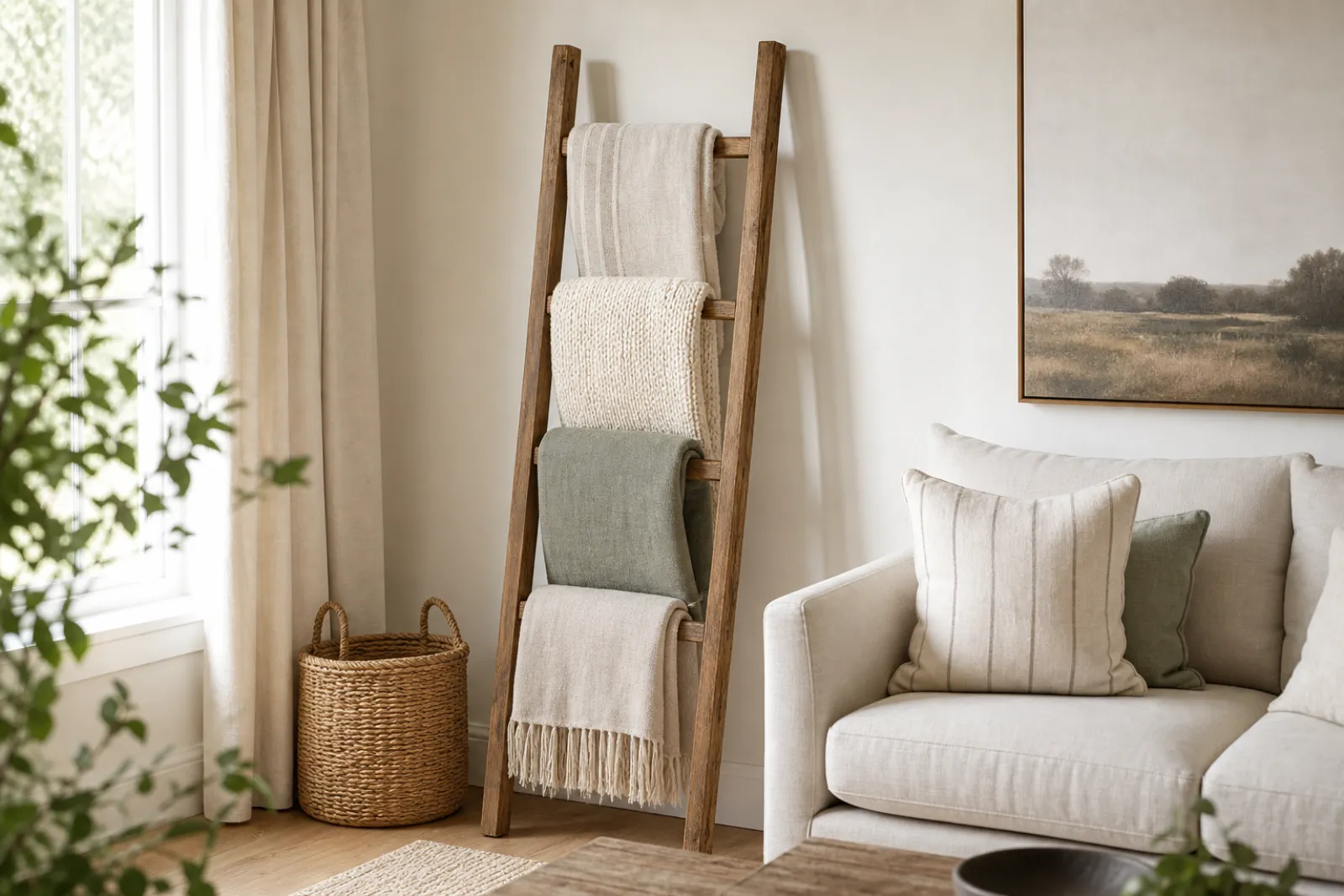 Leaning blanket ladder used as decorative blanket storage beside a sofa