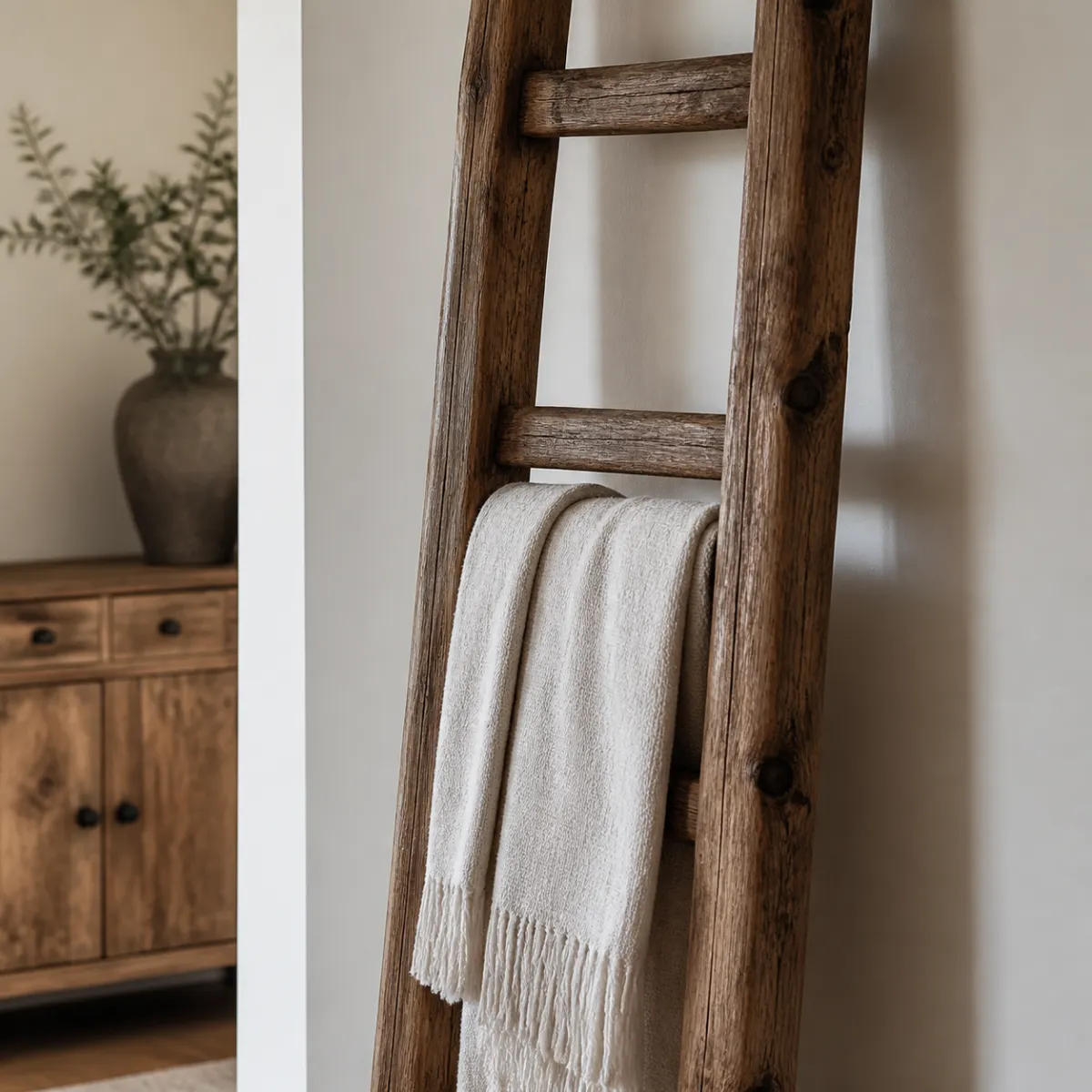 Rustic reclaimed barnwood blanket ladder with natural and walnut finishes